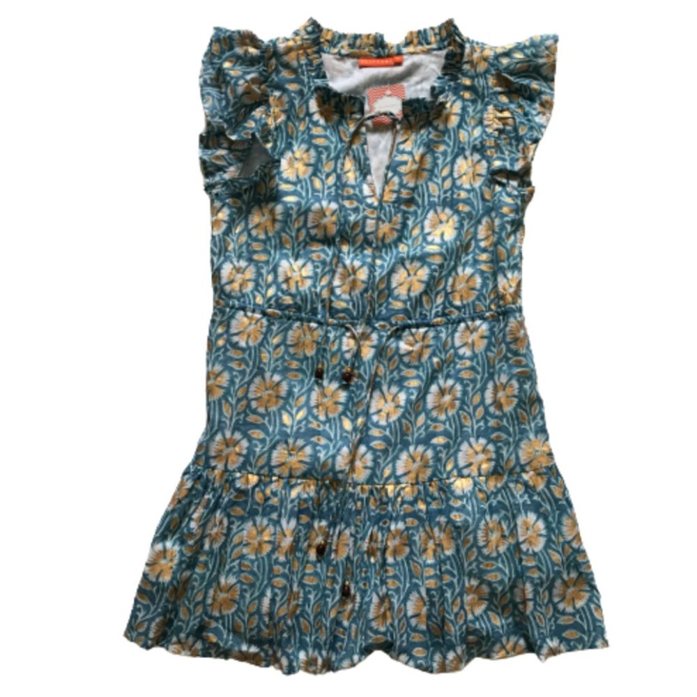NWT Oliphant Haveli Cinched Flirty Mini Dress Womens XS Blue Bell Gold Flutter